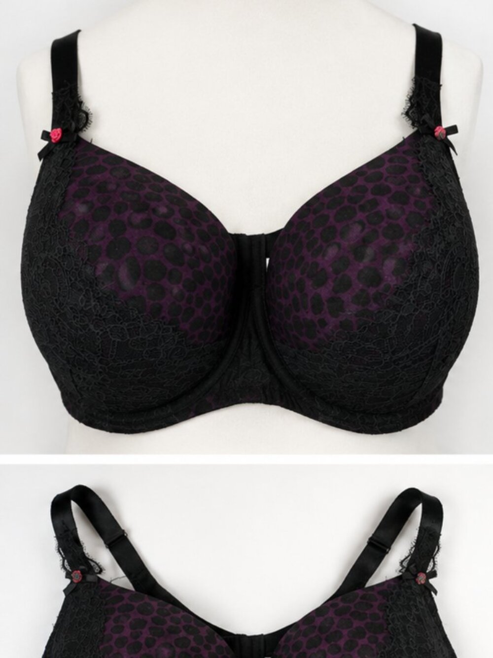 Cacique Bra 46DDD Black Purple Leopard & Lace Underwire